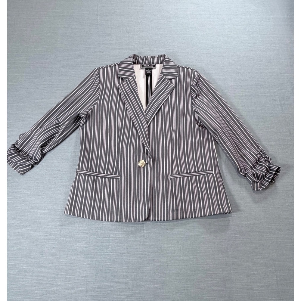 NYCC Blazer Women Medium Black White Excellent Pinstripe Ruched 3/4 Sleeve